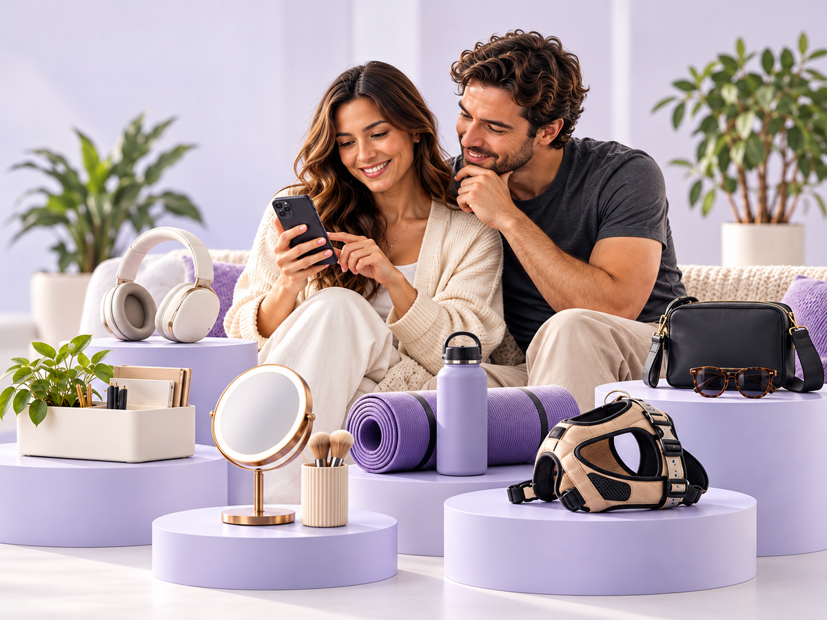 Pareja descubriendo productos para el hogar, tecnología, belleza, fitness, mascotas y moda